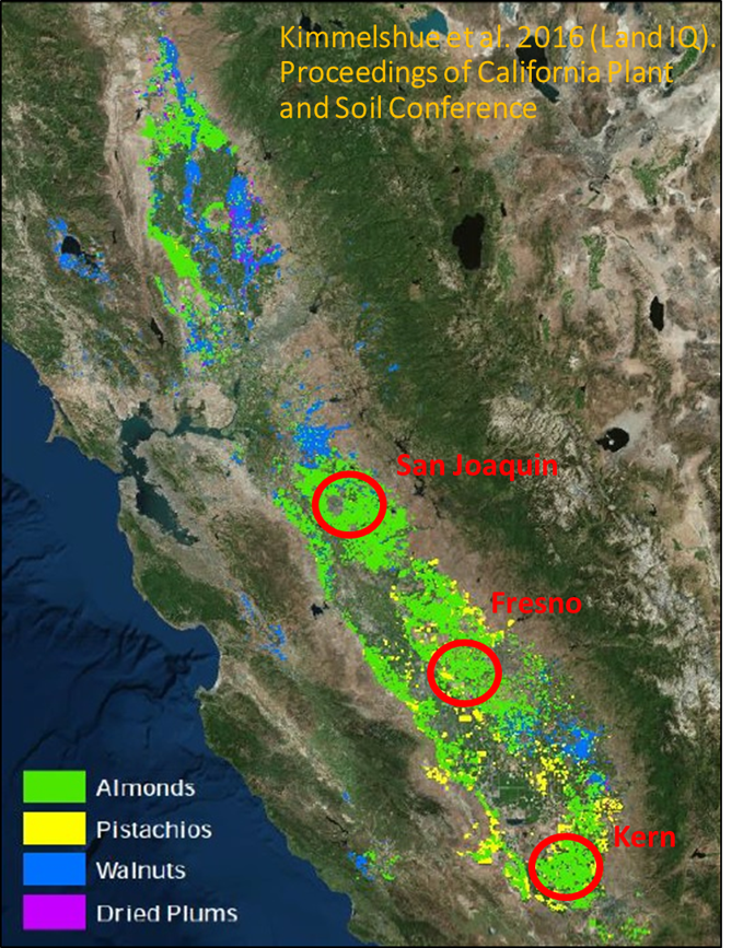 Locations of research sites on map of California